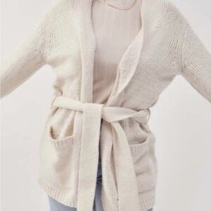 Cozy Oatmeal Beige Knit Tie Waist Cardigan Sweater Cream L/XL Plush Hygge Chic